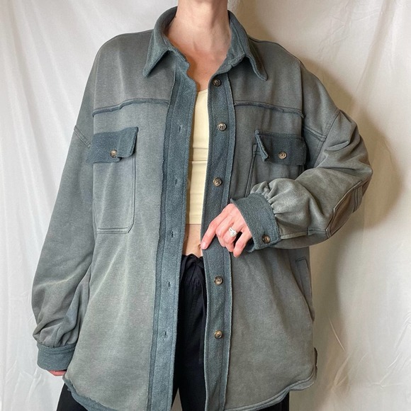 Pol French terry oversized shacket jacket green button front vintage wash faded - Picture 16 of 16